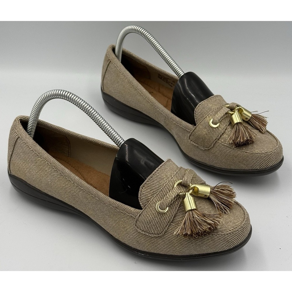 Soft Style Hush Puppies Denise Tassel Loafers Washed Sand Denim Sz 9 Wid